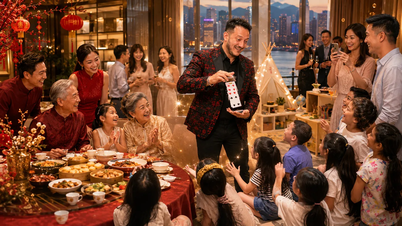 Multigenerational Hong Kong family celebration with red lanterns, traditional banquet and magician Jose performing card magic for kids and grandparents