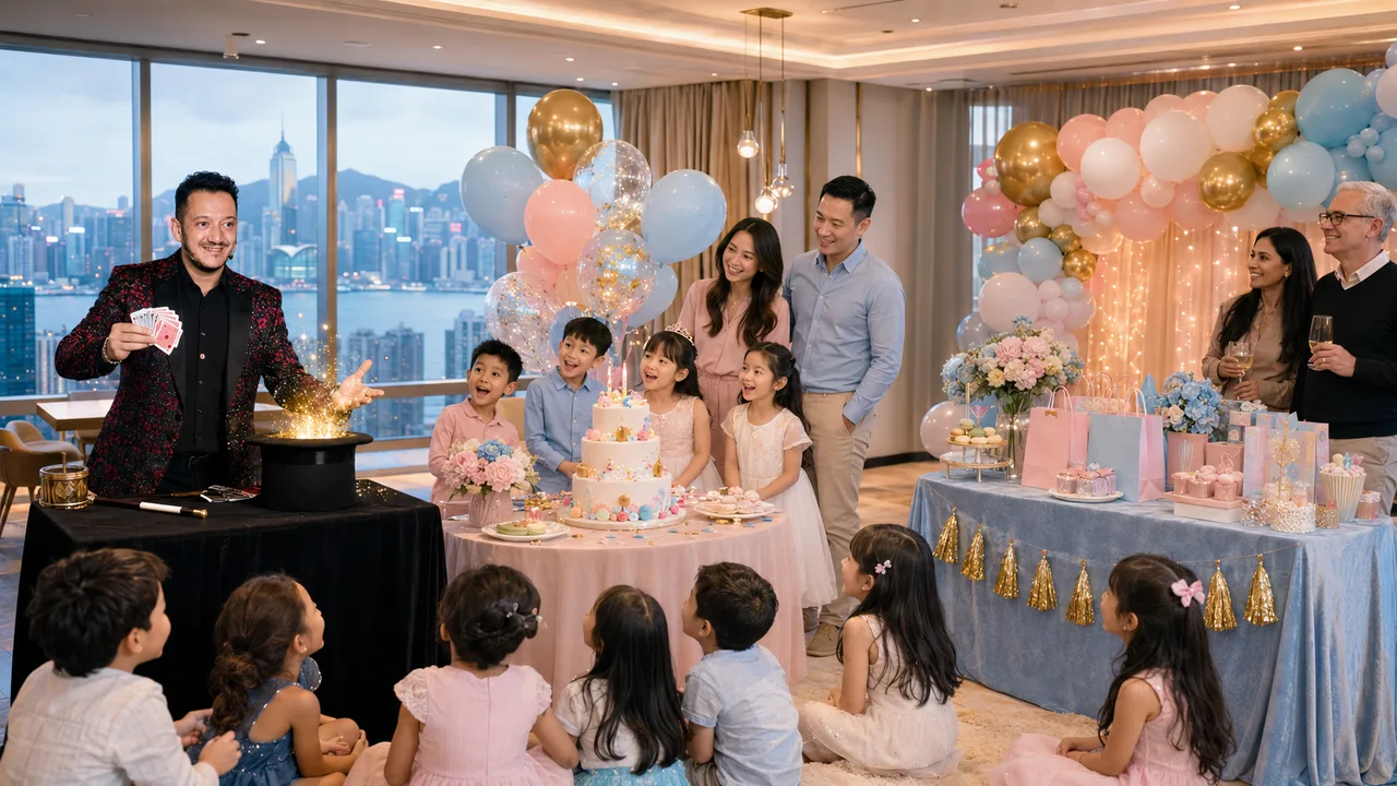 Magician Jose performing a card trick at a fully decorated Hong Kong birthday party with tiered cake, balloons, dessert table and guests