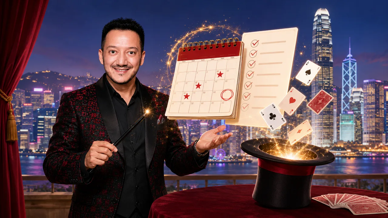 Magician Jose with magic wand, calendar, checklist and top hat against the Hong Kong skyline