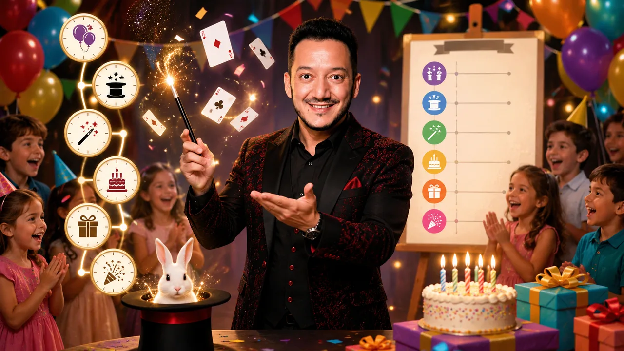 Magician Jose performing for children with a party timeline of clocks, rabbit in a top hat, birthday cake and gifts